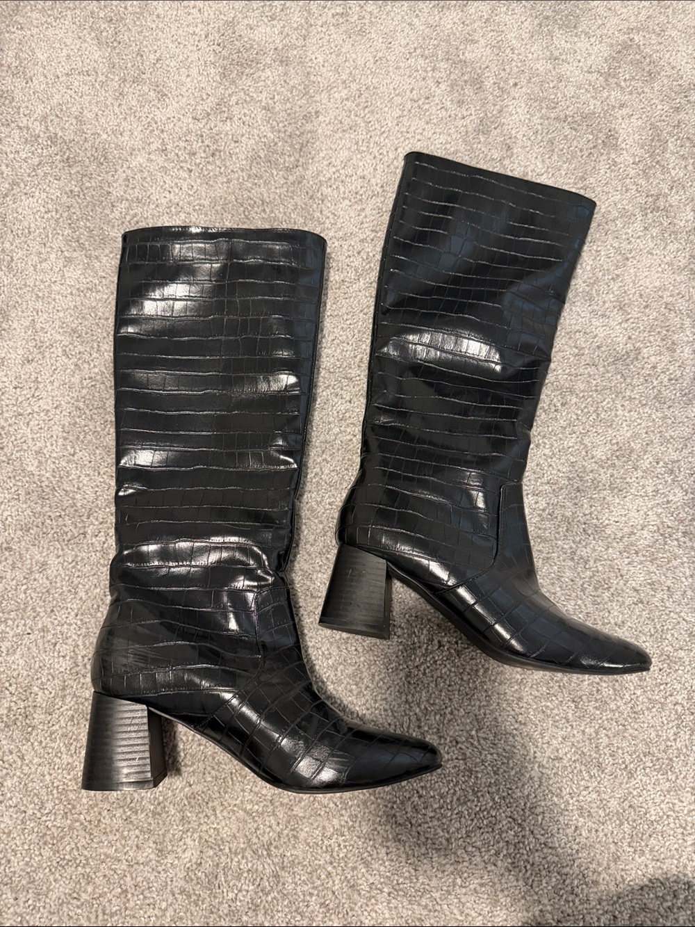 Black Croc-Embossed Knee Boots - Women